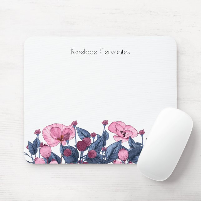 Chic Dusty Blue Pink Wild Flowers Mouse Pad (With Mouse)