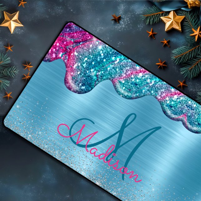 Chic dusty blue purple drips dripping monogram desk mat (Creator Uploaded)