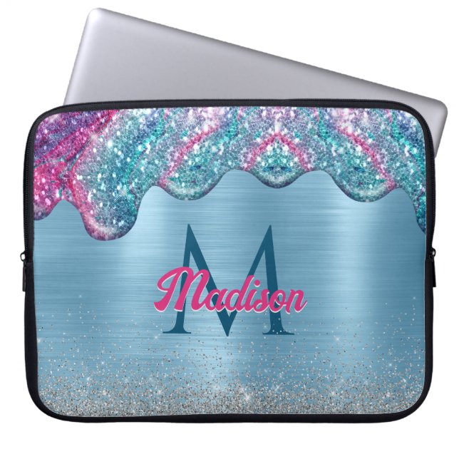 Chic dusty blue purple drips dripping monogram laptop sleeve (Front)