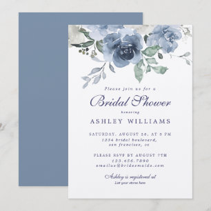 Chic Dusty Blue Rose Navy Blue Bridal Shower Invitation