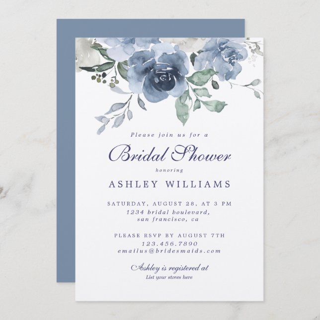 Chic Dusty Blue Rose Navy Blue Bridal Shower Invitation (Front/Back)