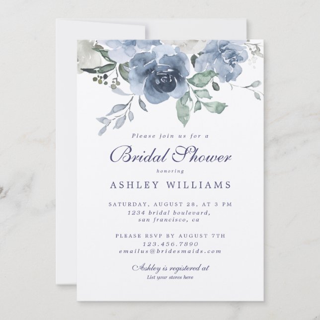 Chic Dusty Blue Rose Navy Blue White Bridal Shower Invitation (Front)