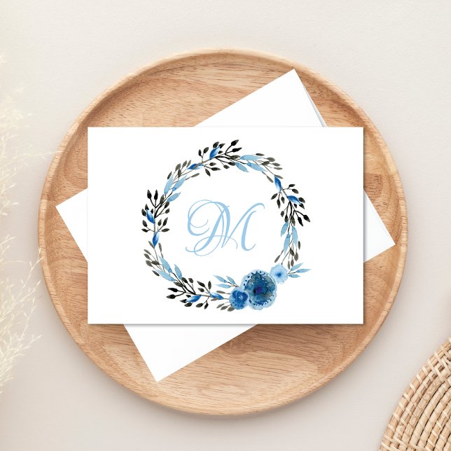 Chic Dusty Blue Rose Wreath Monogram Note Card (Creator Uploaded)