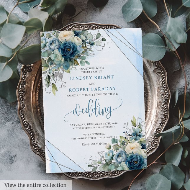 Chic Dusty Blue Silver Roses Wedding Invitation (Chic Dusty Blue Silver Roses Wedding Invitation)