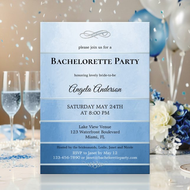 Chic Dusty Blue Striped Bachelorette Invitation (Bachelorette party invitation featuring a blue tone on tone striped design with a silver lining)