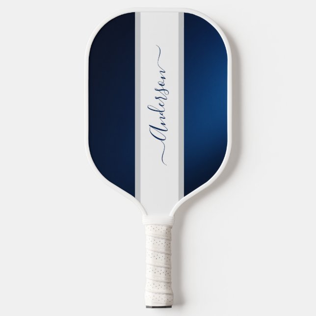 Chic Dusty Blue Stripes Monogram Name Pickleball Paddle (Front)