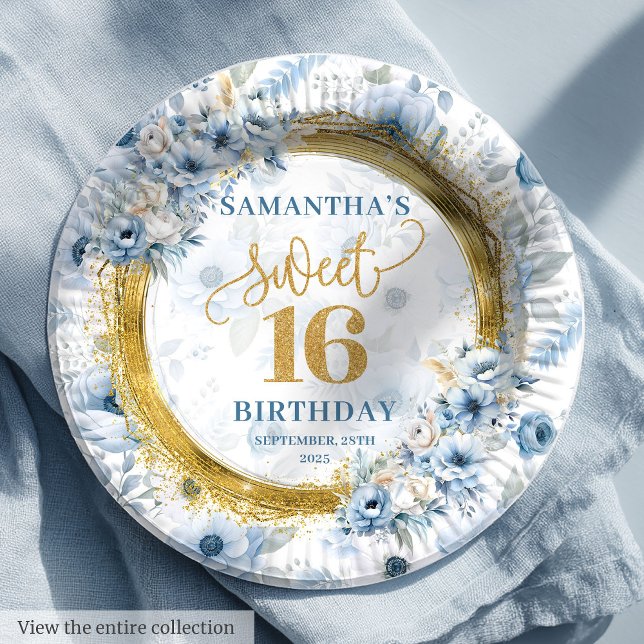 Chic Dusty Blue Sweet Sixteen Gold Glitter Plates (Chic Dusty Blue Sweet Sixteen Gold Glitter Plate Set)