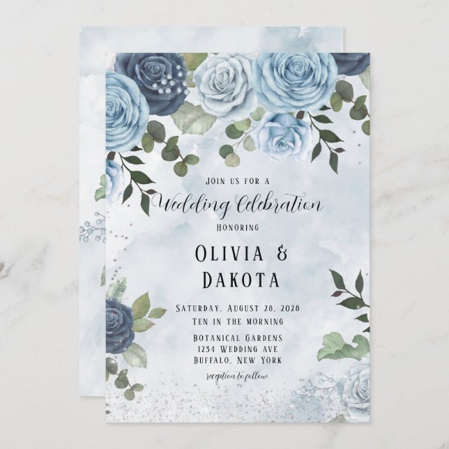 Chic Dusty Blue Watercolor Rustic Floral Wedding  Invitation (Front/Back)