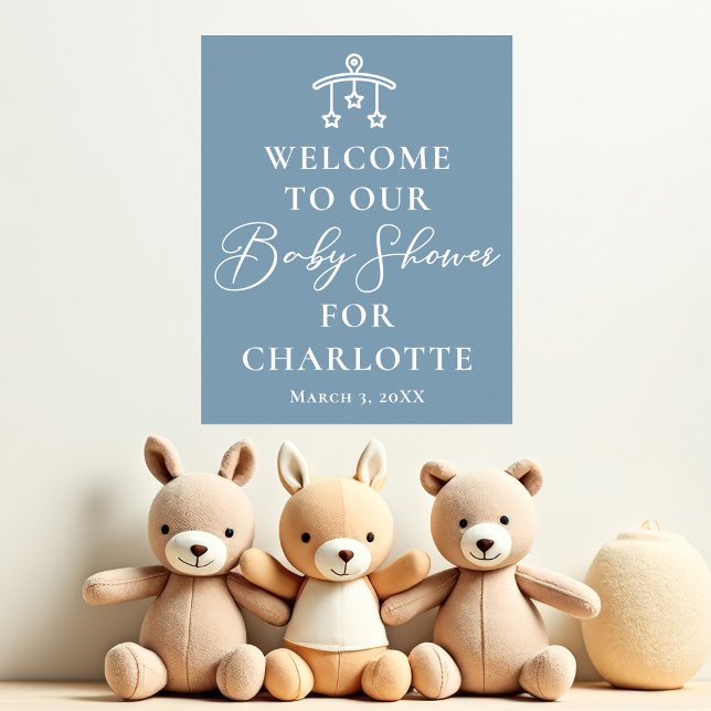 Chic Dusty Blue White Baby Shower Welcome Poster (Creator Uploaded)