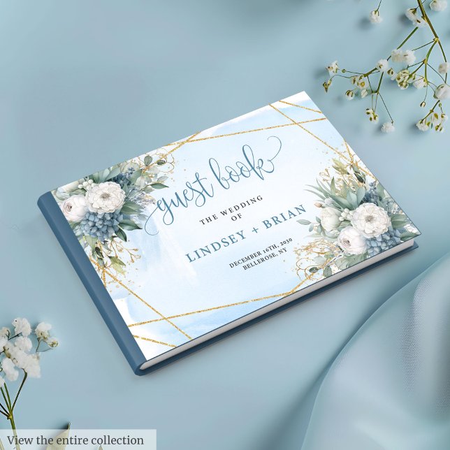 Chic Dusty Blue White Gold Floral Guest Book (Chic Dusty Blue White Gold Floral Guest Book)