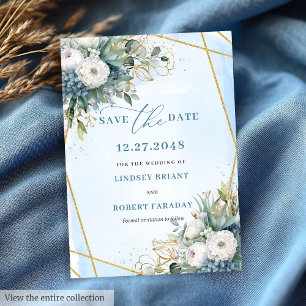 Chic Dusty Blue White Gold Floral Save The Date Invitation