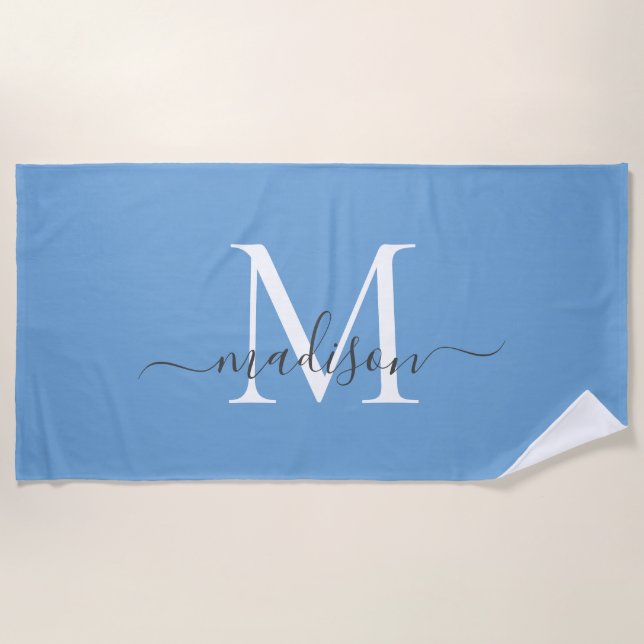 Chic Dusty Blue White Monogram Elegant Grey Script Beach Towel (Front)