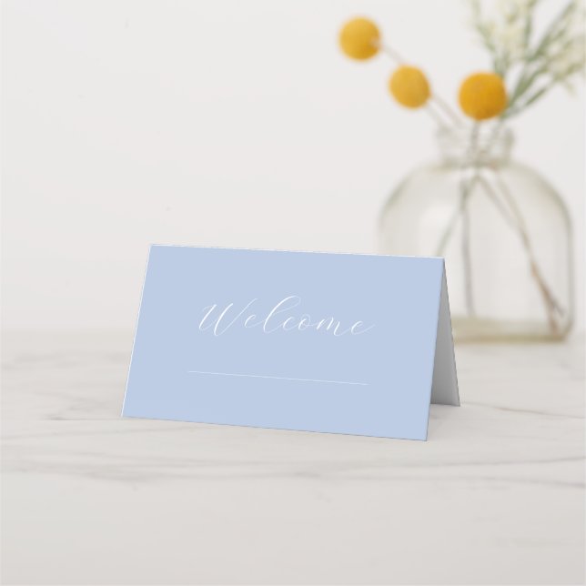 Chic Dusty Blue & White Script Wedding Table  Place Card (Front)