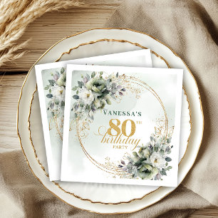 Chic Dusty Green Gold Foliage 80th Birthday Napkin