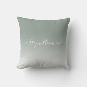 Chic Dusty Green White Ombre Effect Monogram Name Cushion
