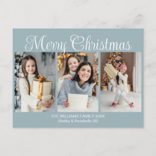 Chic Dusty Grey Blue Merry Christmas Photo Collage Holiday Postcard