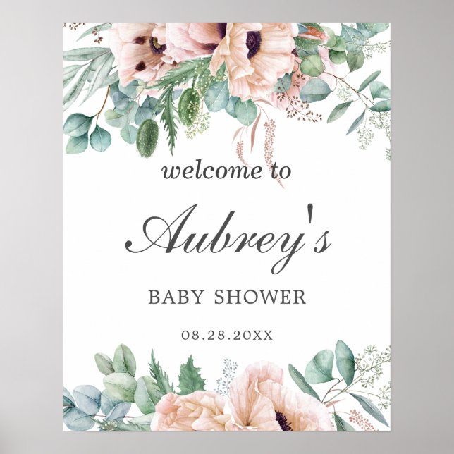 Chic Dusty Pink Blush Floral Baby Shower Welcome Poster (Front)