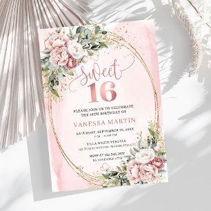 Chic Dusty Pink Flowers Eucalyptus 16th Birthday  Invitation