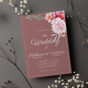 Chic dusty pink mint formal script floral wedding invitation