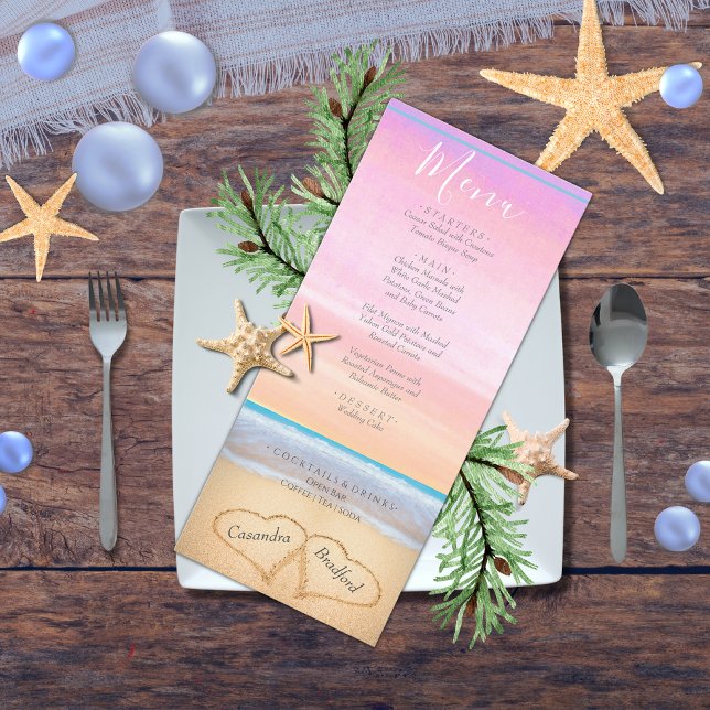 Chic Dusty Pink Purple 2 heart Beach Wedding Menu (Creator Uploaded)
