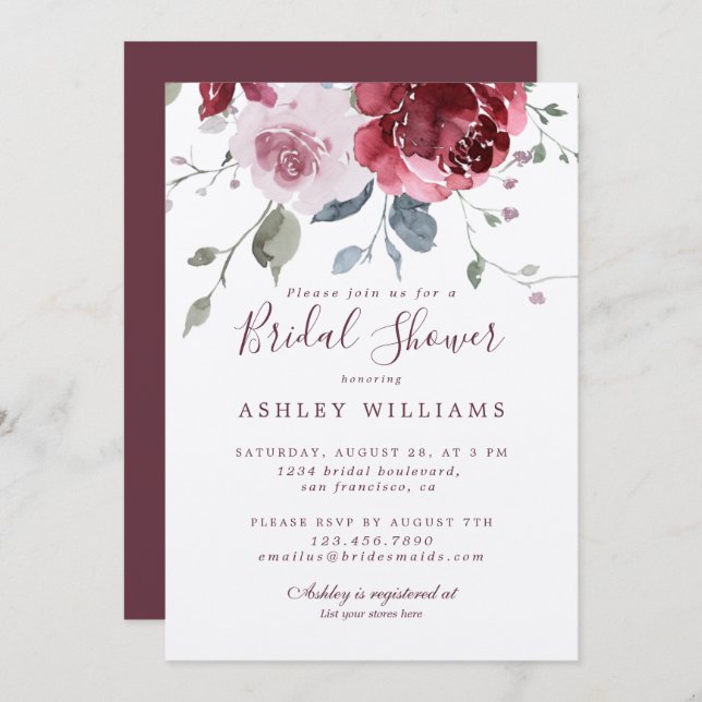Chic Dusty Pink Rose Burgundy Bridal Shower Invitation (Front/Back)