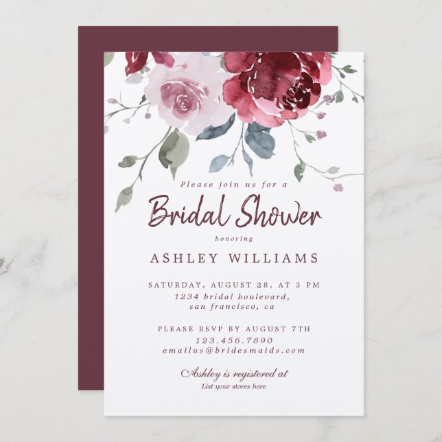 Chic Dusty Pink Rose Burgundy Bridal Shower Invitation (Front/Back)