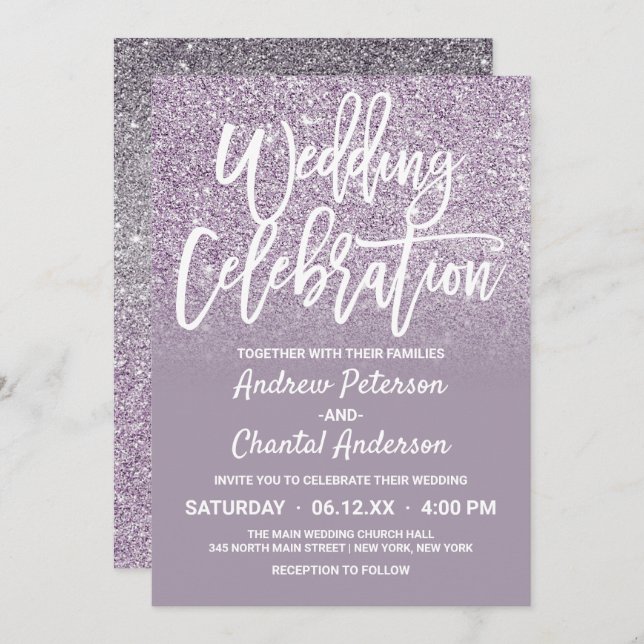 Chic Dusty Purple Grey Faux Glitter Ombre Wedding Invitation (Front/Back)