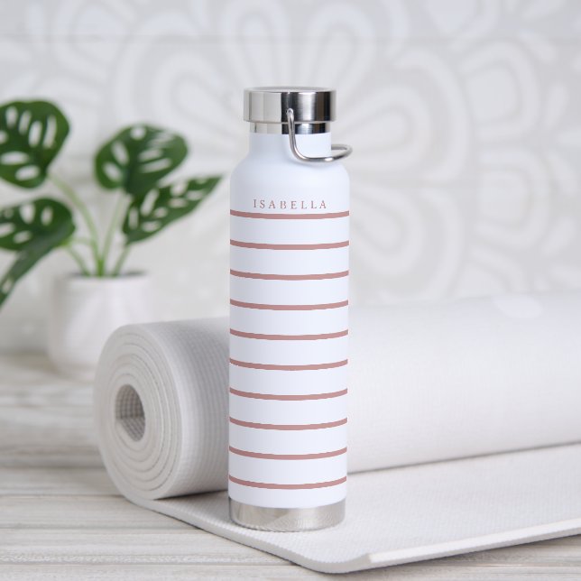 Chic Dusty Rose Stripes with Monogram or Name Water Bottle (Yoga)