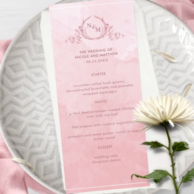 Chic Dusty Rose Watercolor, Monogram Wedding Menu (Creator Uploaded)