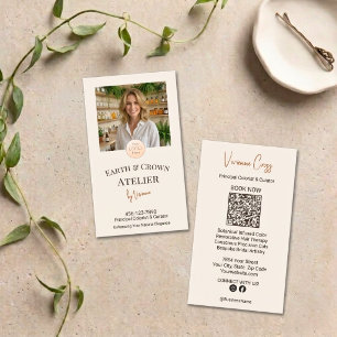 Chic Earthy Cream Hair Atelier Photo Logo QR Business Card
