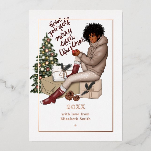 Chic Ebony Merry Little Christmas Foil Holiday Card (Front)