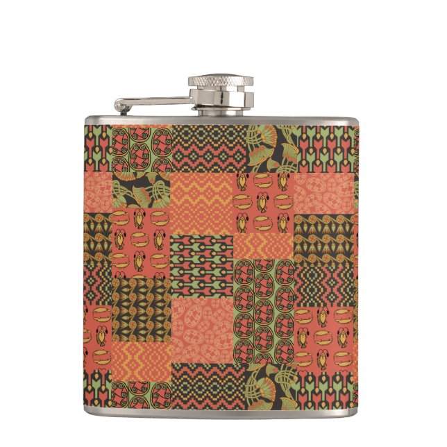 Chic Egyptian Tribal Faux Patchwork Hip Flask (Front)