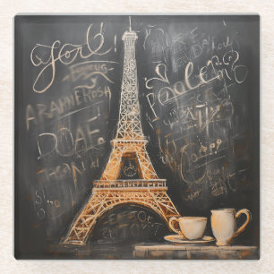 Chic Eiffel Tower Cafe Coffee Chalkboard Paris Glass Coaster