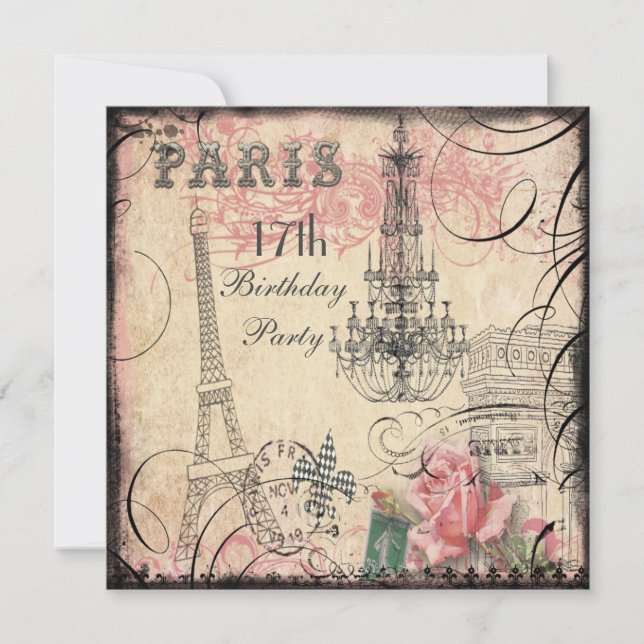Chic Eiffel Tower & Chandelier 17th Birthday Invitation (Front)
