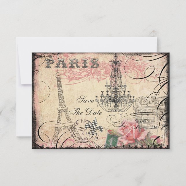 Chic Eiffel Tower & Chandelier Save The Date (Front)
