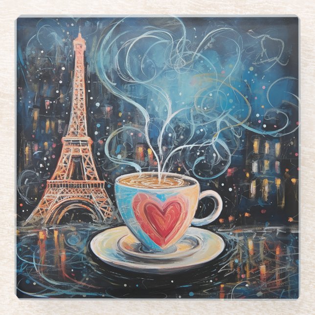 Chic Eiffel Tower Heart Cafe Coffee Chalk Paris Glass Coaster (Front)