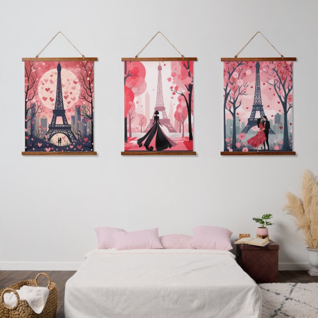 Chic Eiffel Tower Modern Paris Full Moon Hearts Hanging Tapestry (Bedroom)