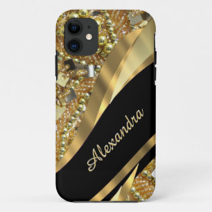 Chic elegant black and gold bling personalised iPhone 11 case