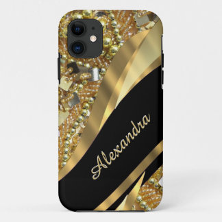 Chic elegant black and gold bling personalised iPhone 11 case