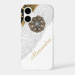 Chic elegant black and gold bling white lace