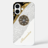 Chic elegant black and gold bling white lace