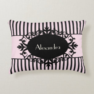 Chic Elegant Black and Pink Ornate Parisian Stripe Decorative Cushion