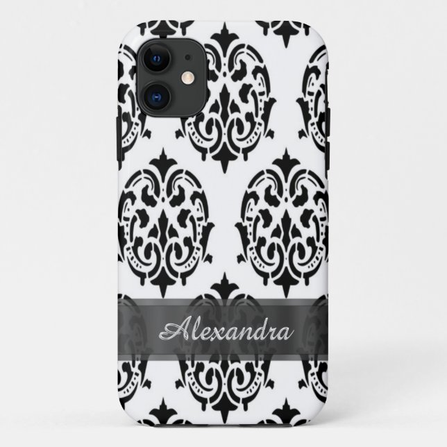 Chic elegant black and white personalised damask Case-Mate iPhone case (Back)