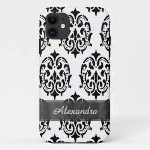 Chic elegant black and white personalised damask iPhone 11 case