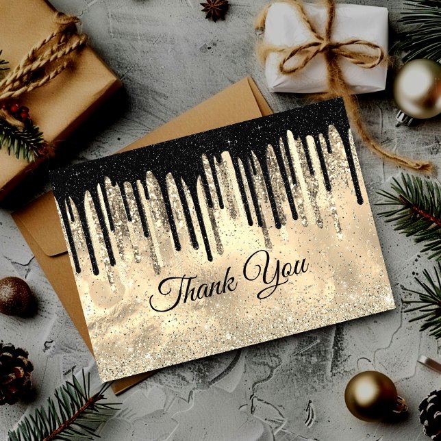 Chic elegant black gold glitter drips thank you card (Creator Uploaded)