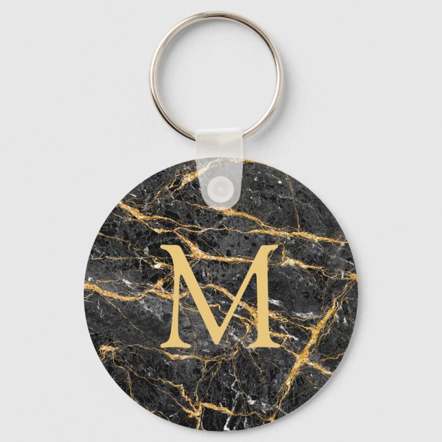 Chic Elegant Black Gold Marble Monogram   Key Ring (Front)