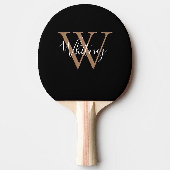Chic Elegant Black Gold Monogram Script Name  Ping Pong Paddle (Front)