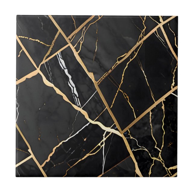 Chic Elegant black golden yellow Faux Marble  Ceramic Tile (Front)