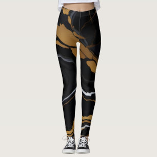 Chic Elegant black golden yellow Faux Marble Leggings