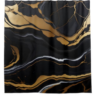 Chic Elegant black golden yellow Faux Marble  Shower Curtain
